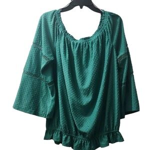 NY Collection Blouse Top Bell Sleeve Swiss Dot‎ Green XL